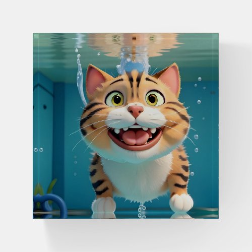 Happy Cat Swimming Diving Underwater in Pool Funny Paperweight