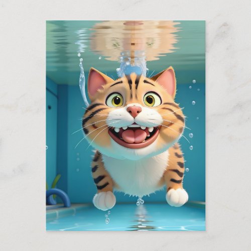 Happy Cat Swimming Diving Underwater in Pool Funny Postcard