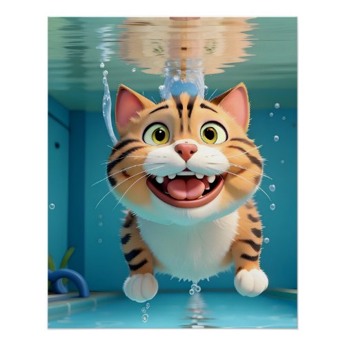 Happy Cat Swimming Diving Underwater in Pool Funny Poster
