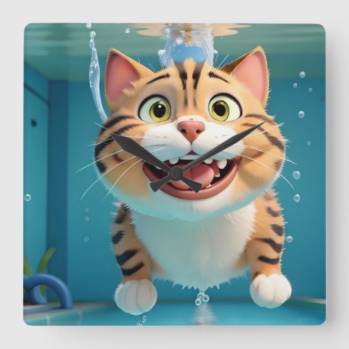 Happy Cat Swimming Diving Underwater in Pool Funny Square Wall Clock