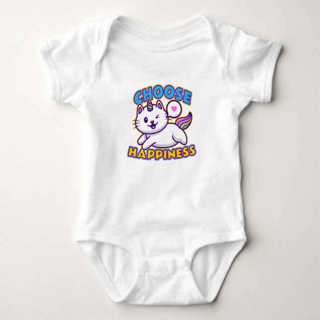 Happy Cat Winking Running With Happiness Phrase Baby Bodysuit (Front)