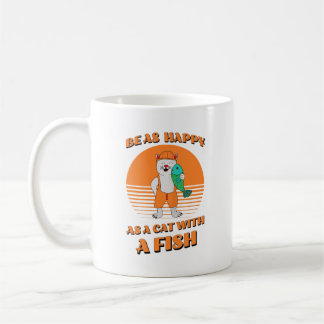 Happy cat with fish. Cat fisherman. Funny Coffee Mug