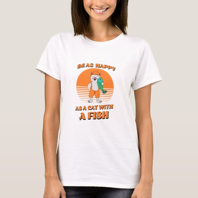 Happy cat with fish. Cute cat fisherman. Funny T-Shirt (Front)