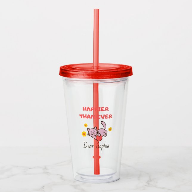 Happy Cat with Flowers  Acrylic Tumbler (Front)