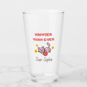 Happy Cat with Flowers Glass