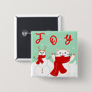 Happy Cat With Snowman Cute Christmas Button