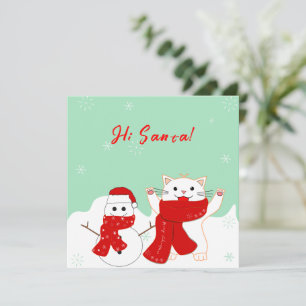 Happy Cat With Snowman Cute Christmas Flat Card