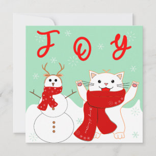 Happy Cat With Snowman   Cute Christmas Flat Card