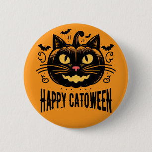 Happy Catoween Black Cat Pumpkin Face Halloween   Button
