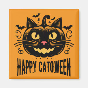 Happy Catoween Black Cat Pumpkin Face Halloween Magnet