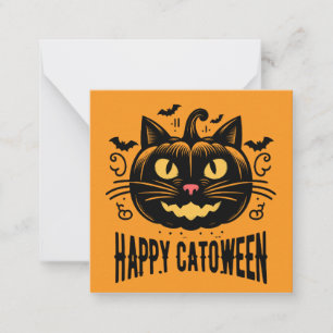 Happy Catoween Black Cat Pumpkin Face Halloween Note Card