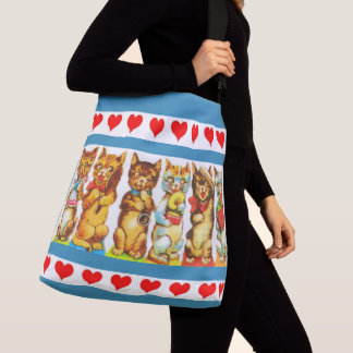happy cats and hearts print crossbody bag