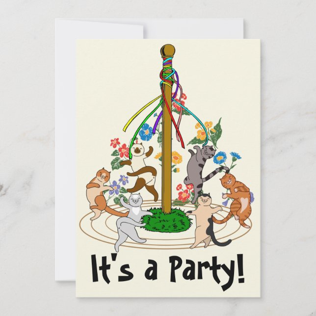 Happy Cats Dancing Around Maypole Party Invitation (Front)