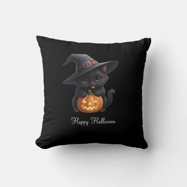 Happy Cats Halloween Throw Pillow (Front)