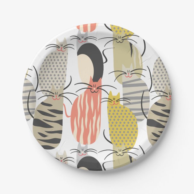 Happy Cats Whimsical Pattern Paper Plates (Front)