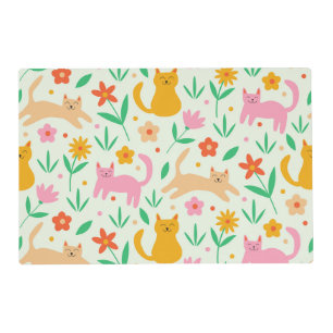 Happy Cats with Orange Red peach flowers pet food Placemat