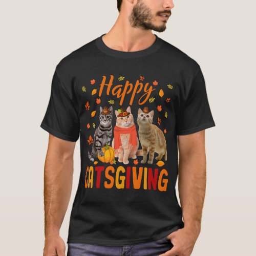 Happy Catsgiving Cute Thanksgiving Cat Wears Pilgr T_Shirt