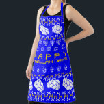Happy Challah Days Apron<br><div class="desc">Loaves of bread and menorahs and stars and dreidels make up this "ugly Hanukkah sweater".</div>
