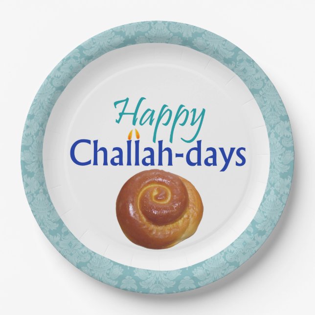 Happy Challah-Days Aqua Brocade Paper Plate (Front)