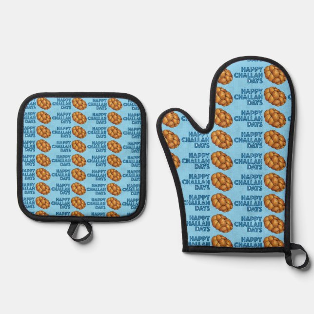 Happy Challah Days Chanukah Hanukkah Bread Loaf Oven Mitt & Pot Holder Set (Front)