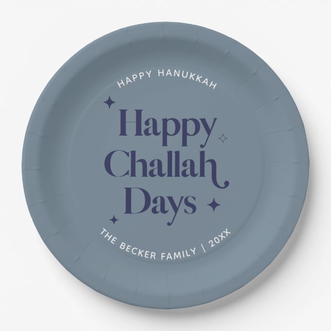  Happy Challah Days Hanukkah Blue Minimalist Paper Plates (Front)