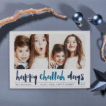 Happy Challah Days | Hanukkah Photo Card<br><div class="desc">Whimsical Hanukkah photo card features two of your favorite family photos in a square format aligned side by side. "Happy Challah Days" appears beneath in blue hand lettered style brush typography. Personalize with your family name or names, custom greeting, and the year along the bottom. Cards reverse to a pattern...</div>