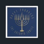 Happy Chanukah Blue Gold Menorah Holiday Napkins<br><div class="desc">These festive paper napkins are perfect for your holiday party. They feature a gold colored menorah on a navy blue background. The message above it reads "Happy Chanukah". Below the menorah is a place for your family name which you may personalize or remove if you'd like. Designed by artist ©...</div>