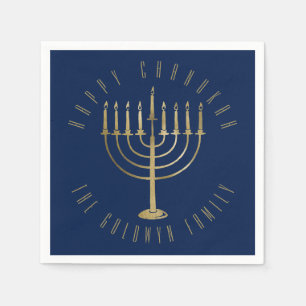Happy Chanukah Blue Gold Menorah Holiday Napkins