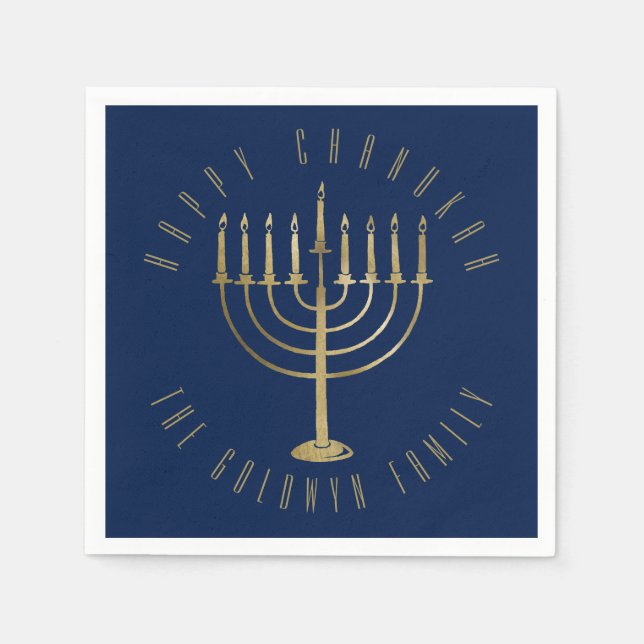 Happy Chanukah Blue Gold Menorah Holiday Napkins (Front)