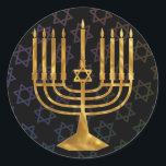 Happy chanukah classic round sticker<br><div class="desc">Illustration of a menorah with Happy Chanukah text</div>