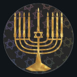 Happy chanukah classic round sticker<br><div class="desc">Illustration of a menorah with Happy Chanukah text</div>