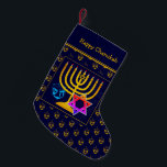 HAPPY CHANUKAH | Dreidel | Menorah | Star of David Small Christmas Stocking<br><div class="desc">Dark blue HAPPY CHANUKAH stocking with colorful Star of David, Dreidel and faux gold Menorah at the center. The placeholder greeting is CUSTOMIZABLE, so you can PERSONALIZE with your name, or add an alternative greeting. The background is a tiled pattern of gold-colored dreidels. Same design on the reverse. Ideal way...</div>