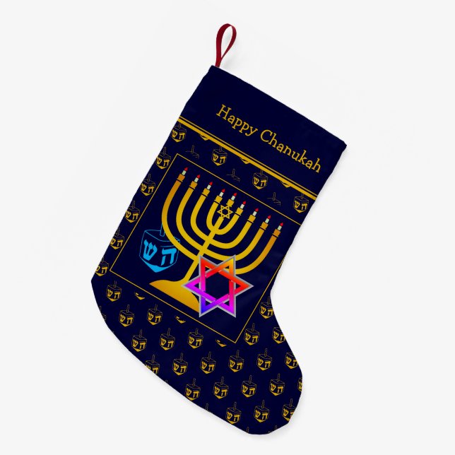 HAPPY CHANUKAH | Dreidel | Menorah | Star of David Small Christmas Stocking (Front (Hanging))