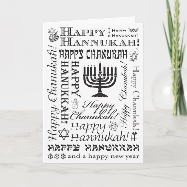 Happy Chanukah Festive Fonts BW Holiday Card (Front)