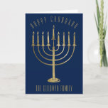 Happy Chanukah Gold Menorah Blue Holiday Card<br><div class="desc">Send your loved ones a personalized card this Chanukah season. This design features a gold colored menorah on a navy blue background. Above it the message reads "Happy Chanukah". Below the menorah is a place for your family name which you may personalize or remove if you'd like. Inside of the...</div>