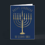 Happy Chanukah Gold Menorah Blue Holiday Card<br><div class="desc">Send your loved ones a personalized card this Chanukah season. This design features a gold colored menorah on a navy blue background. Above it the message reads "Happy Chanukah". Below the menorah is a place for your family name which you may personalize or remove if you'd like. Inside of the...</div>