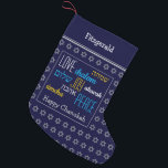 HAPPY CHANUKAH Hebrew Love Joy Peace DARK BLUE Small Christmas Stocking<br><div class="desc">Dark blue HAPPY CHANUKAH stocking with silver colored Star of David pattern and LOVE JOY PEACE written in English and Hebrew. The placeholder greeting and name are customizable so you can add your name or change the greeting. Same design on the reverse. Ideal way to present your small Hanukkah gifts....</div>