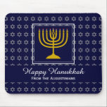 HAPPY CHANUKAH Love Joy Peace BLUE Hebrew Mouse Pad<br><div class="desc">Colorful festive MOUSEPAD with faux silver Star of David in subtle background pattern. A gold colored menorah is inside a square box in the middle. There is customizable placeholder text which says HAPPY HANUKKAH in white typography. This text can be personalized so you can change the greeting (eg. Happy Chanukah)...</div>