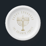 Happy Chanukah Menorah Holiday Paper Plates<br><div class="desc">These festive paper plates are perfect for your holiday party. They feature a gold colored menorah. The message above it reads "Happy Hanukkah". Below the menorah is a place for your family name which you may personalize or remove if you'd like.</div>