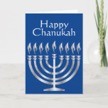 Happy Chanukah - Menorah in Silver - Card<br><div class="desc">A simple blue and white "Happy Chanukah" greeting card with a Menorah in Silver.</div>