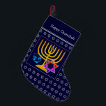 HAPPY CHANUKAH | Menorah Star of David Dreidel Small Christmas Stocking<br><div class="desc">Dark blue HAPPY CHANUKAH stocking with colorful Star of David, Dreidel and faux gold Menorah at the center. The placeholder greeting is CUSTOMIZABLE, so you can PERSONALIZE with your name, or add an alternative greeting. Same design on the reverse. Ideal way to present your small Hanukkah gifts. Also ideal for...</div>