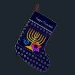 HAPPY CHANUKAH | Menorah Star of David Dreidel Small Christmas Stocking<br><div class="desc">Dark blue HAPPY CHANUKAH stocking with colorful Star of David, Dreidel and faux gold Menorah at the center. The placeholder greeting is CUSTOMIZABLE, so you can PERSONALIZE with your name, or add an alternative greeting. Same design on the reverse. Ideal way to present your small Hanukkah gifts. Also ideal for...</div>