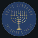 Happy Chanukah Navy Gold Menorah Holiday Classic Round Sticker<br><div class="desc">This sticker features a gold colored menorah on a navy blue background. The message above it reads "Happy Chanukah". Below the menorah is a place for your family name which you may personalize or remove if you'd like.</div>