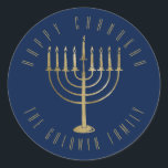 Happy Chanukah Navy Gold Menorah Holiday Classic Round Sticker<br><div class="desc">This sticker features a gold colored menorah on a navy blue background. The message above it reads "Happy Chanukah". Below the menorah is a place for your family name which you may personalize or remove if you'd like.</div>