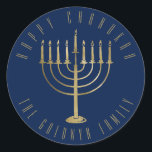 Happy Chanukah Navy Gold Menorah Holiday Classic Round Sticker<br><div class="desc">This sticker features a gold colored menorah on a navy blue background. The message above it reads "Happy Chanukah". Below the menorah is a place for your family name which you may personalize or remove if you'd like.</div>