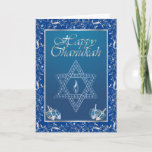 Happy Chanukah - Star & Dradels in Silver - Card<br><div class="desc">An elegant blue and silver "Happy Chanukah" greeting card with a Star Of David & Dradels.</div>