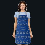 HAPPY CHANUKAH | Star of David | Monogram Blue Apron<br><div class="desc">Stylish HAPPY CHANUKAH Apron with faux silver STAR OF DAVID pattern against an Israeli mid blue background. In the middle there is a CUSTOMIZABLE text which reads HAPPY CHANUKAH in faux silver typography. At the top there is a CUSTOMIZABLE MONOGRAM, which you can replace with your own. Matching items available....</div>