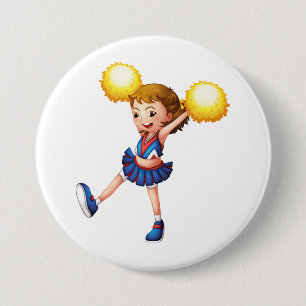 Happy Cheerleader Girl Gold Pom Poms Button