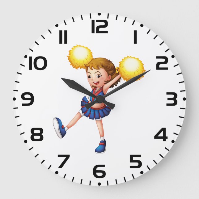 Happy Cheerleader Girl Gold Pom Poms Large Clock (Front)