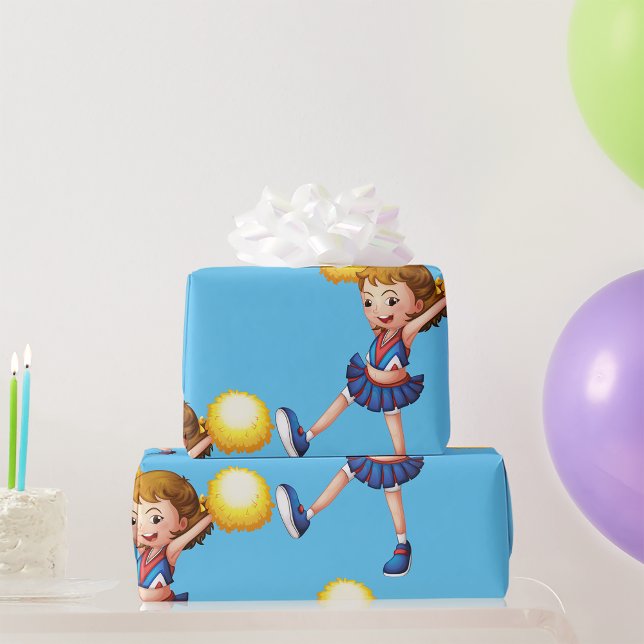 Happy Cheerleader Girl Gold Pom Poms Wrapping Paper (Creator Uploaded)